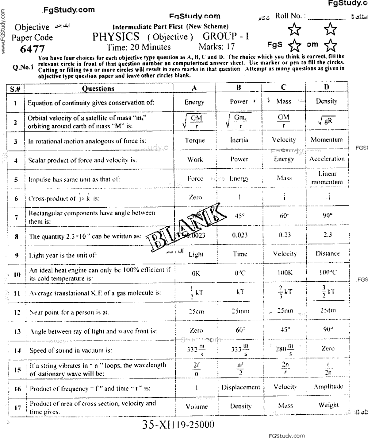 11th Class Physics Past Paper 2019 Group 1 Objective Faisalabad Board